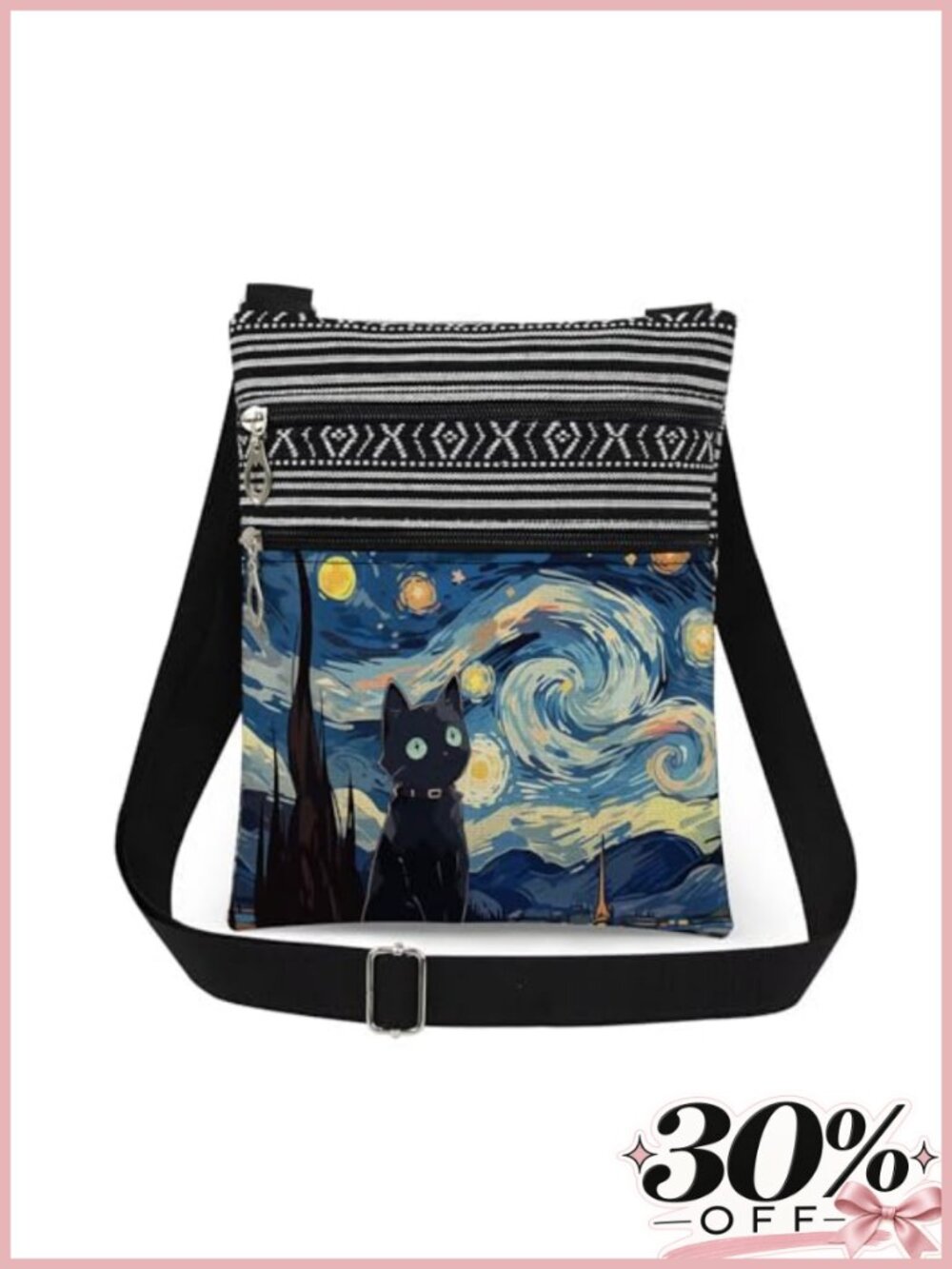 Starry Cat Adjustable Strap Crossbody Purse Polyester Sling Bag